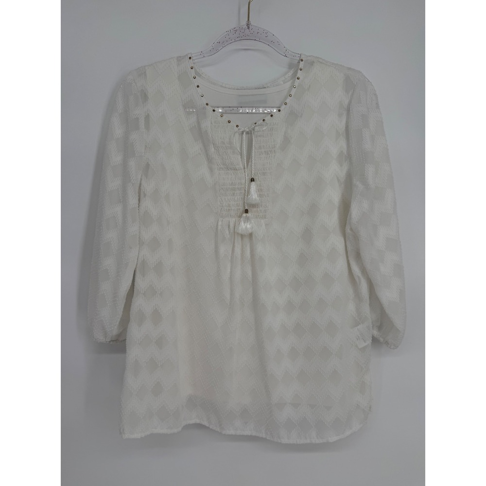 Alfred Dunner Sz 12P White Diamond Burnout Blouse Studded Tassel Split Neck
